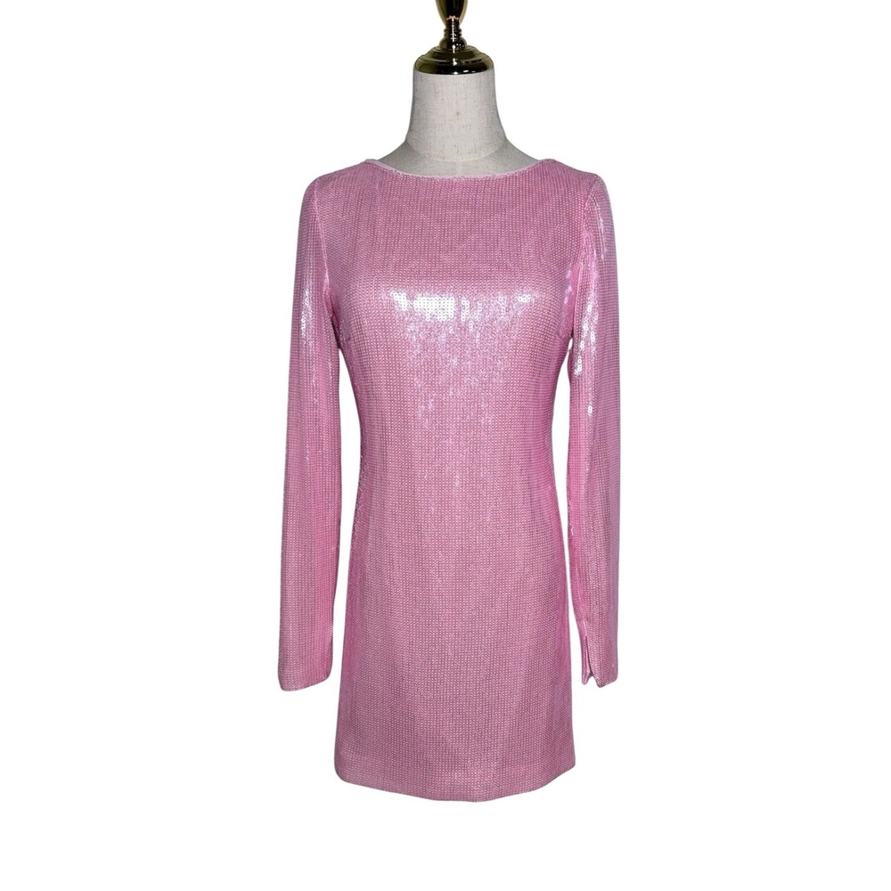 Gianni Bini Sequin Mini Dress Womens 14 Pink Long Sleeve Open Back Shift - Picture 2 of 12
